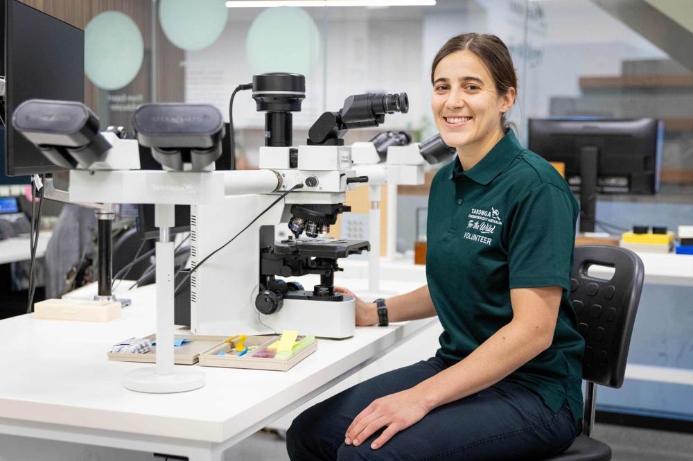 Lab Volunteer sitting at desk with equipment