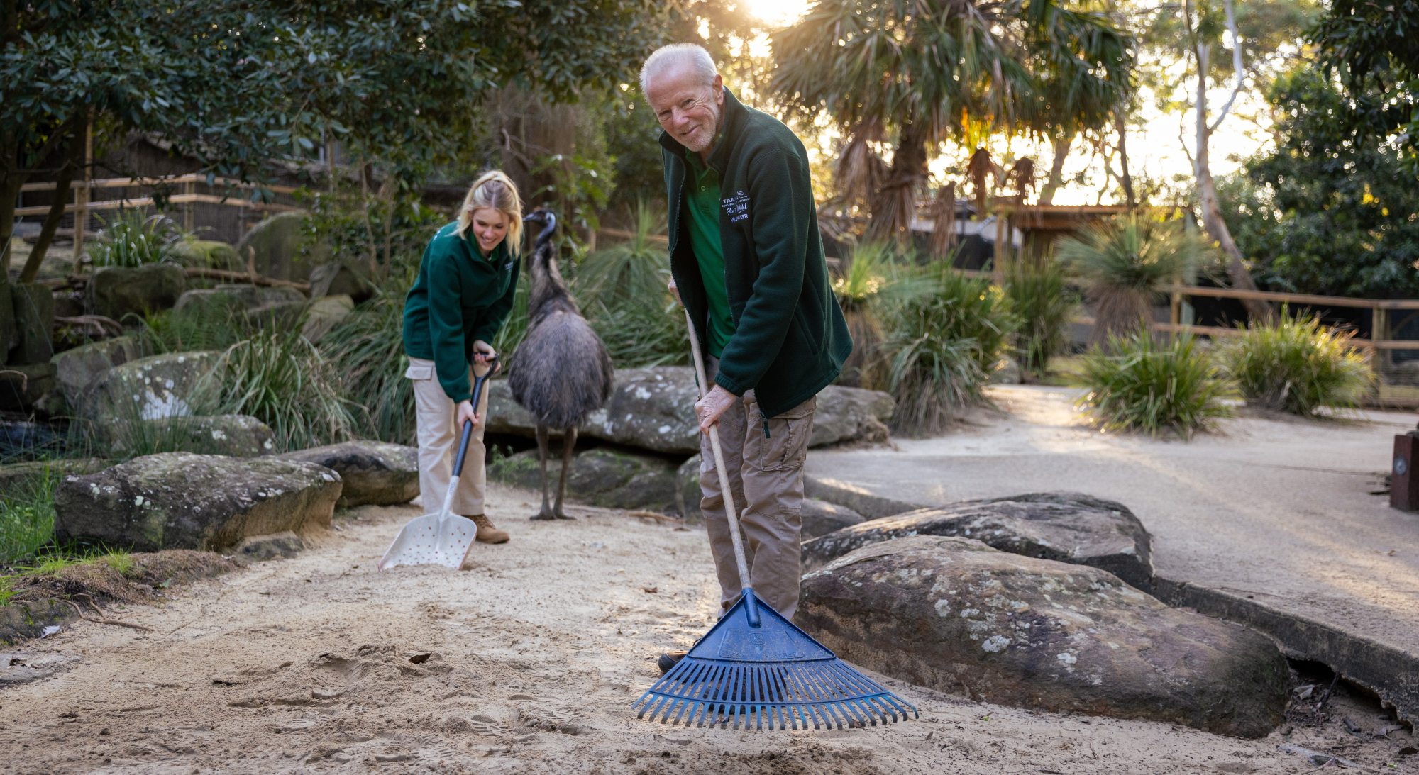 Keeper volunteers raking enclosure