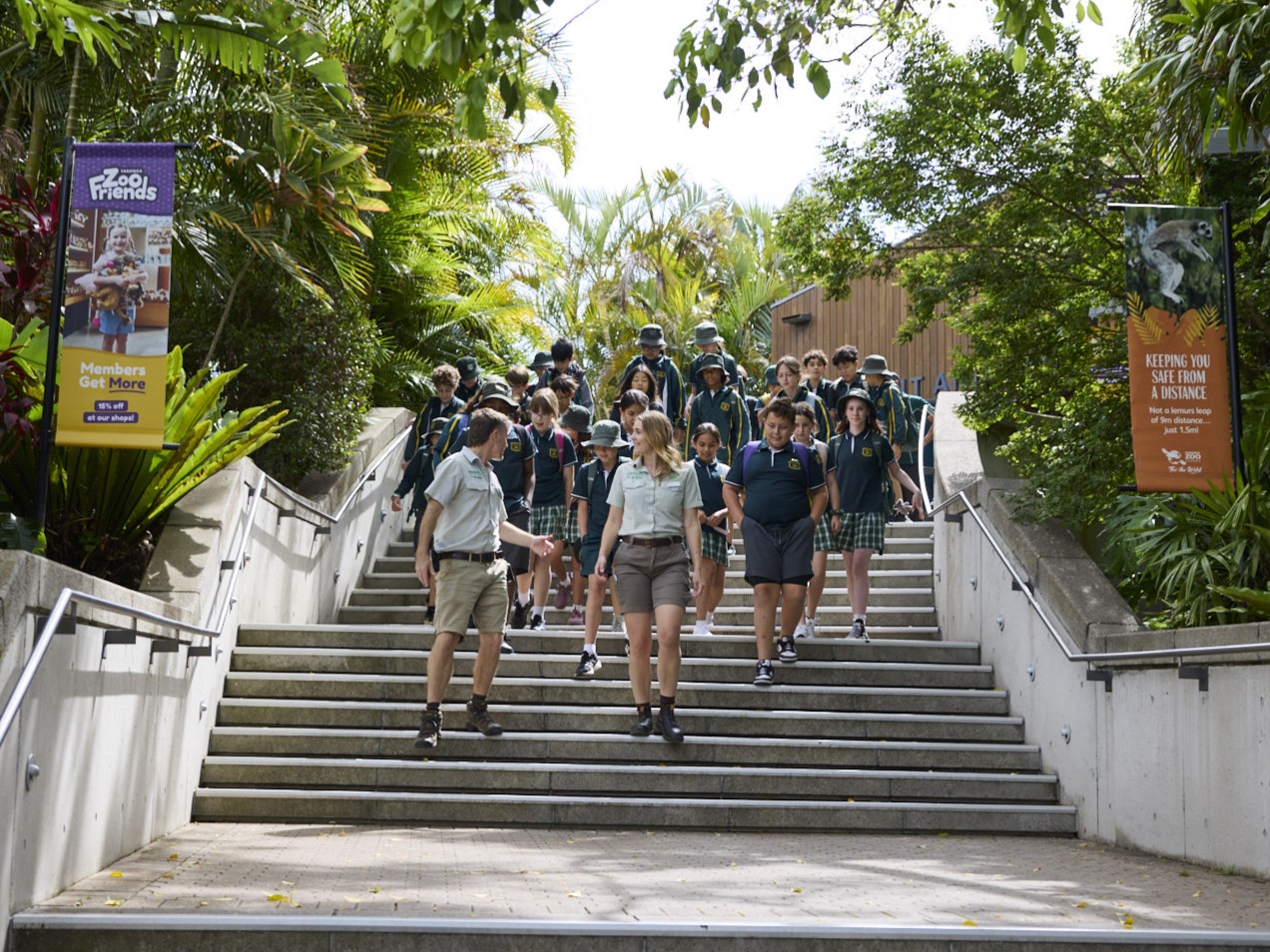 Group of school students walking down entry steps at Taronga Zoo led by Taronga's educators