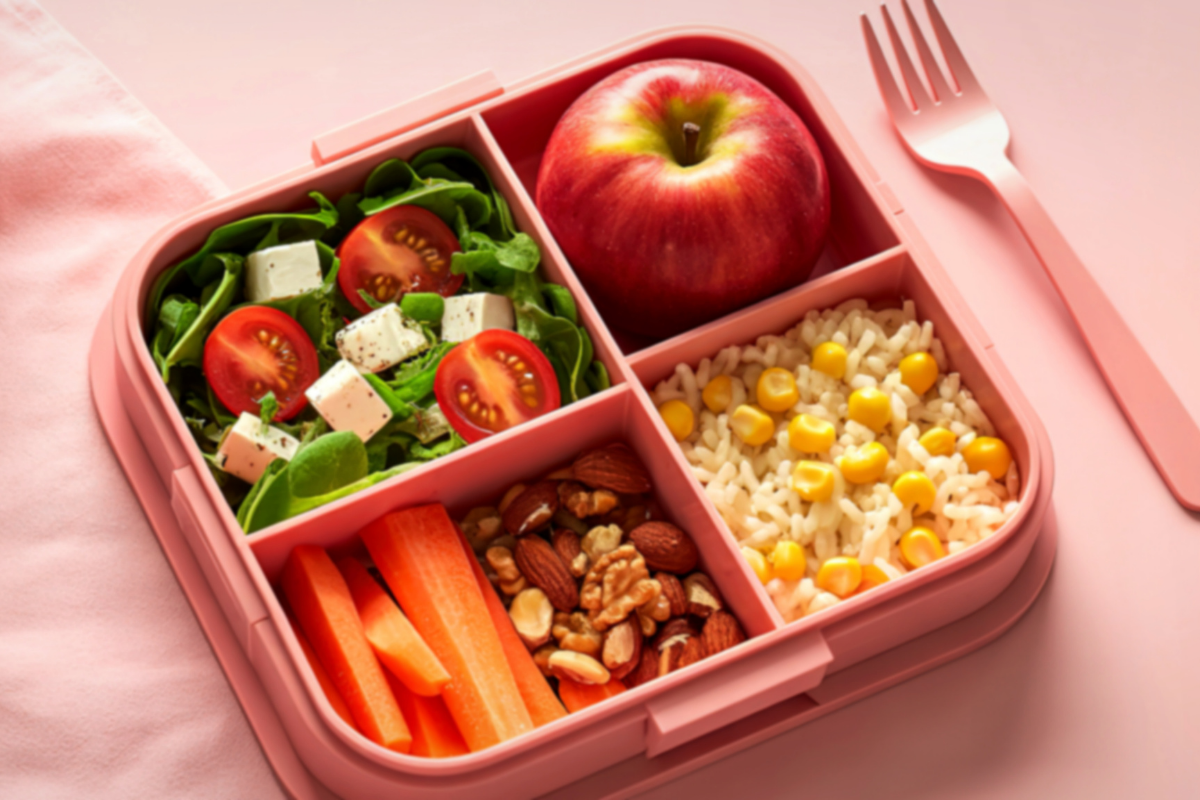 Healthy bento lunch box with apple, salad, carrot sticks, corn, and nuts in separate compartments.