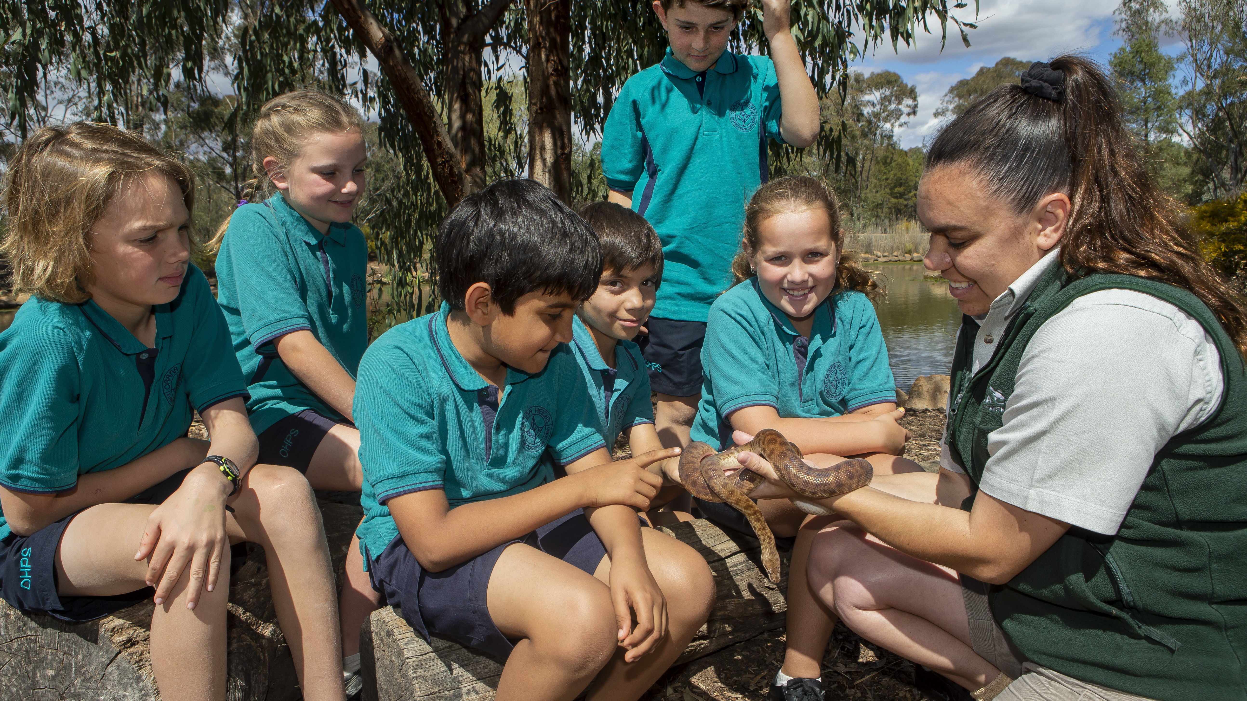 Studens learning about snake with Taronga educator during workshop at Taronga Western Plains Zoo in Dubbo